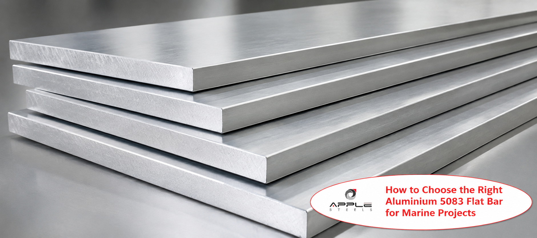 Stacked Aluminium 5083 flat bars with smooth metallic finish.